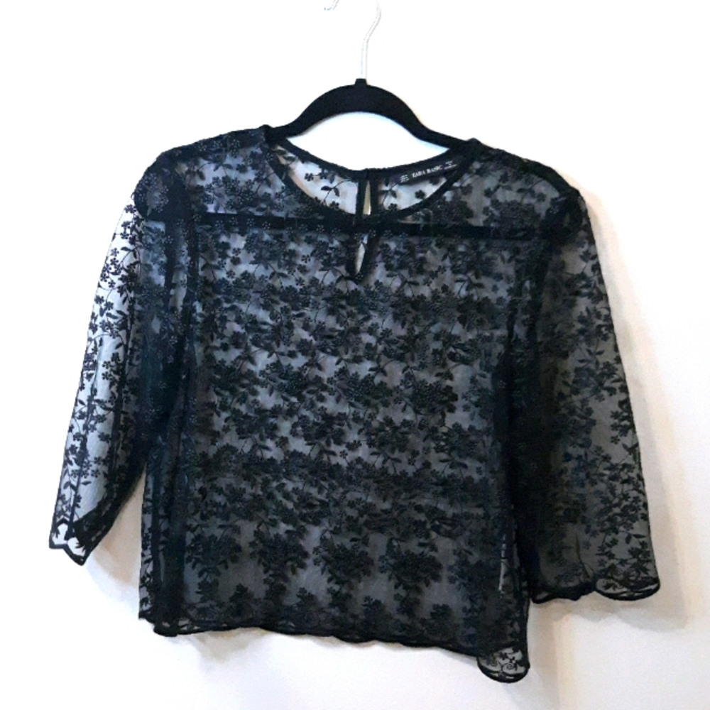 Zara Basic Black Lace Shirt Floral 3/4 Sleeve